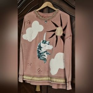 Upcycled Magical Rainbow, Unicorn, Butterflies Mineral-Washed Sweatshirt (OS)